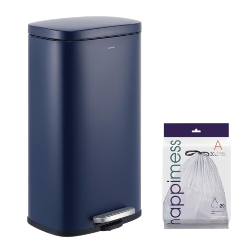 Image of happimess Curtis 8 Gal Step Trash Can Soft Close 25 inch, Denim Blue | Iron Construction, Satin Finish, Removable Liner, Steel Pedal, 20 Trash Bags Included, Kitchen Office Bin