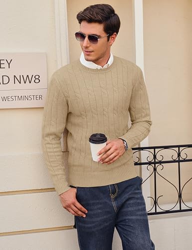 Cotrasen Mens Crewneck Sweater Cable Knit Pullover Sweater Textured Long Sleeve Twist Sweaters Winter Fall2