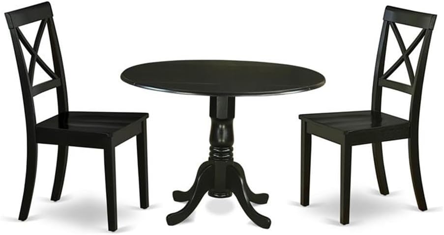 East West Furniture DLBO3-BLK-W 3 Piece Dining Table Set for Small Spaces Contains a Round Dining Room Table with Dropleaf and 2 Wood Seat Chairs, 42x42 Inch, Black