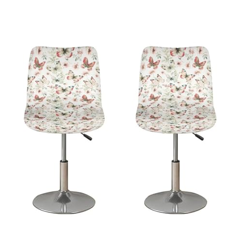Image of Butterfly Flower Bar Stool Cover Stretch Counter Stools Pub Chair Slipcover for Dining Room Removable Anti-Scratches Spills Chair Covers for Dining Room Chairs Set of 2