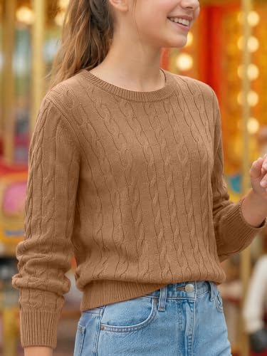 Image of Girls Sweaters Winter Tops Kids School Picture Teen Fashion Long Sleeve Crew Neck Cable Knit Casual Fall Cozy Pullover