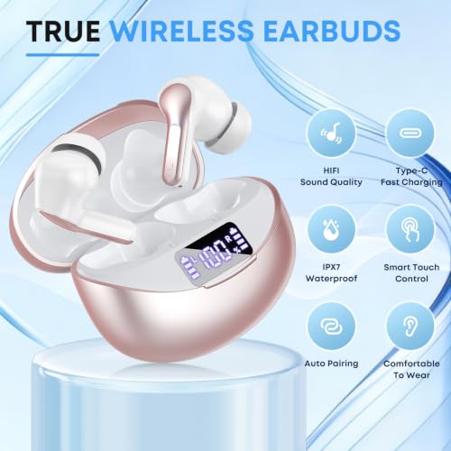 Image of Wireless Earbuds Bluetooth 5.4 HiFi Stereo Headphones with Noise Cancelling Mic, 50H Playback In Ear Buds with LED Digital Display, IPX7 Waterproof Earphones for Office /Running /Workout (Rose Gold)