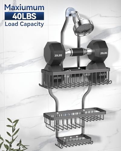 YASONIC Shower Caddy Hanging - Never Rust Organizer - Aluminum over The head caddy with 10 Hooks for Razor/Sponge - Shower Rack with Soap Basket - Grey