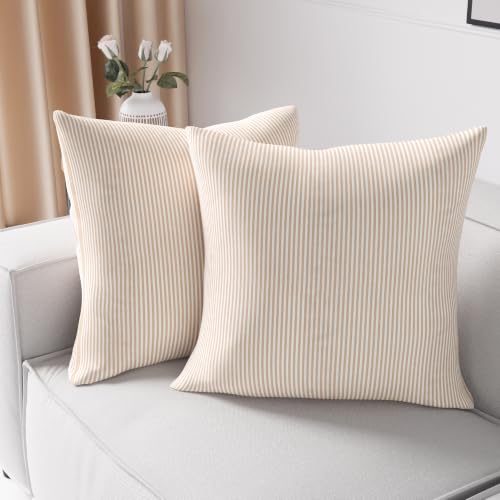 Image of Encasa XO Farmhouse Throw Pillow Covers Set of 2 (24x24 in) Ticking Beige | Decorative Cushion Covers No Inserts | Plaid and Stripes Pillow Covers for Living Room, Couch
