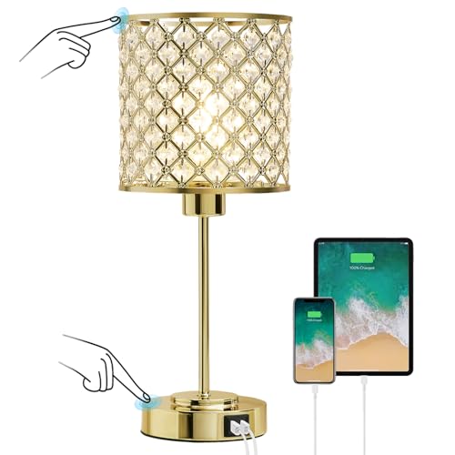 GyroVu Crystal Table Lamp for Bedroom, Touch Control Bedside Lamp with USB-C+A Ports, Dimmable Gold Bedside Lamp with Bulb, Nightstand Lamp Modern Light for Living Room
