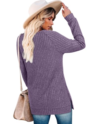 Image of Bofell Long Sleeve Shirts for Women Lightweight Button Decor Tunic Tops Side Split