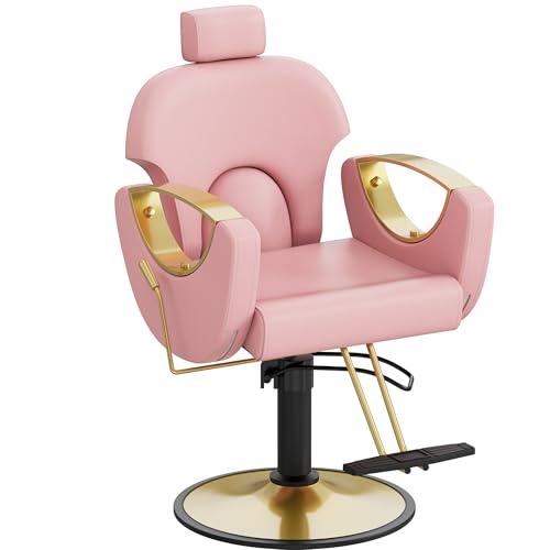 Anunweldo Friseurstuhl, Hydraulisch kippbarer Friseurstuhl, 360-Grad-Drehung, Frisörstuhl für Schönheitssalon Friseursalon (Rosa)