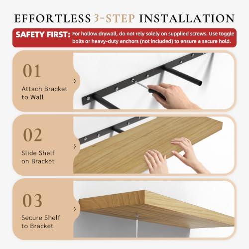 Image of 16 Inch Extra Deep Floating Shelves Set of 2-12 inch Wide Solid Paulownia Wood Wall Mounted Shelves, Natural Wood Finish, Heavy Duty Long Display Ledge for Kitchen, Living Room & Home Office