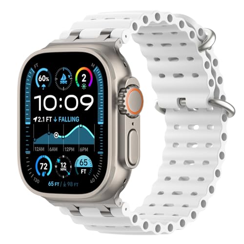 Ya en manzanajugosa.com: Astorgos Correas Ocean Compatible con Apple Watch Ultra 3/2/1 49mm,S11/S10 46mm,9/8/7 45mm,SE3/SE2/SE/6/5/4 44mm,3/2/1 42mm,Correa de Reloj Deportiva con Conector Metálico para Mujer, Plata/Blanco