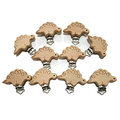 Arakierst 20pcs Natural Wood Suspender Pacifier Clips Cute Beech Wooden Animal Stegosaurus Shape Clips DIY Beading Pacifier Chain Accessory