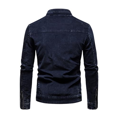 Maiyifu-GJ Men's Slim Fit Zipper Warm Moto Trucker Coat Winter Stand Collar Distressed Jean Jacket Fleece Lined Denim Jacket (Dark BlueB1,Medium)2