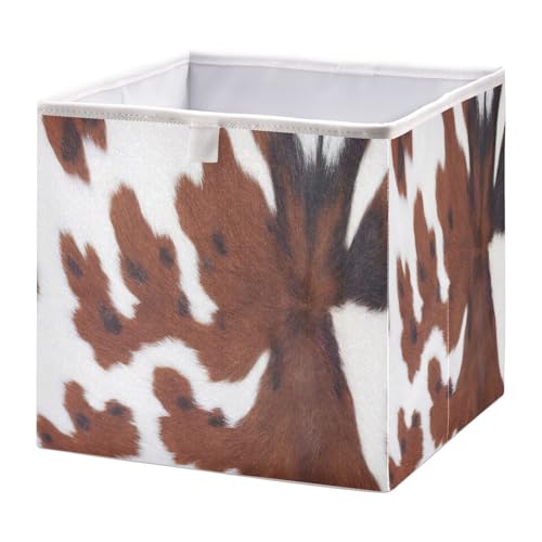 Image of Kigai Cube Storage Bin White Brown Print Cow Foldable Storage Basket Toy Storage Box for Home Organizing Shelf Closet Bins, 11 x 11 x 11-Inch
