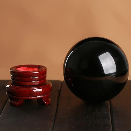 Miniatura 3 de Loverain Esfera pequeña de bola de cristal de obsidiana negra con soporte de madera decorativo para meditación, curación, Feng Shui (2.36 pulgadas)
