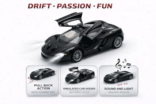 Image of 1:36 Scale McLaren 720S Toy Car - Die-Cast Metal Pull Back Vehicle with Openable Doors, Lights & Music - Sports Model for Kids, Boys & Collectors (Black)