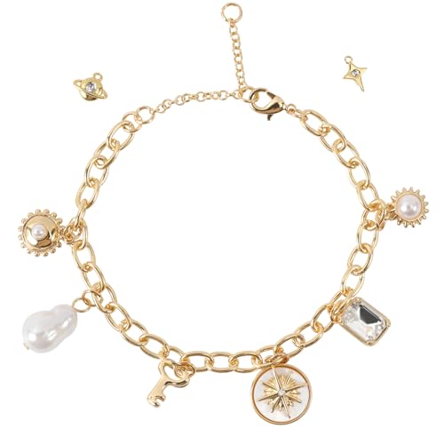 Gold Charm Bracelets for Women Non Tarnish, Gold Stainless Steel Small Charm Chain Link Bracelet Kit, Dangle Bracelets with Charms Chunky Bracelet Ocean Jewelry Women's Link Bangle Y2K Wristlet Gifts