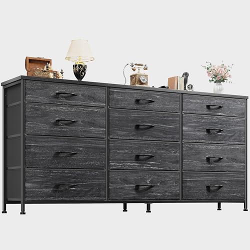 55" Long Dresser for Bedroom with 12 Fabric Drawers, Entertainment Center for 60 inch TV Dressers & Chests of Drawers Large Organizer, Living Room, Metal Frame, Wood Top, Black