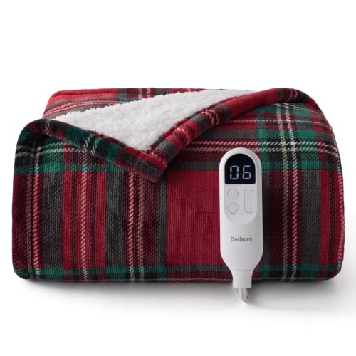 Image of Bedsure Red Plaid Heated Throw Blanket, Flannel Sherpa Electric Blanket