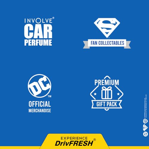 Image of Involve Your Senses Superman Car Perfume Spray with 3 Hanging Cards | DC OFFICIAL MERCHANDISE from Warner Bros | Freshen Up Your Car with Strong Aquatic Notes - WBSPR03-50ml | Car Air Freshener