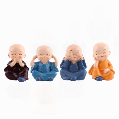 Image of Set of 4 Buddha Monks Cute Miniature Statues Figurines Showpiece for Car Dashboard Wall Shelf Table Desktop | Living Room Decoration Home Office Decor (Multicolor)