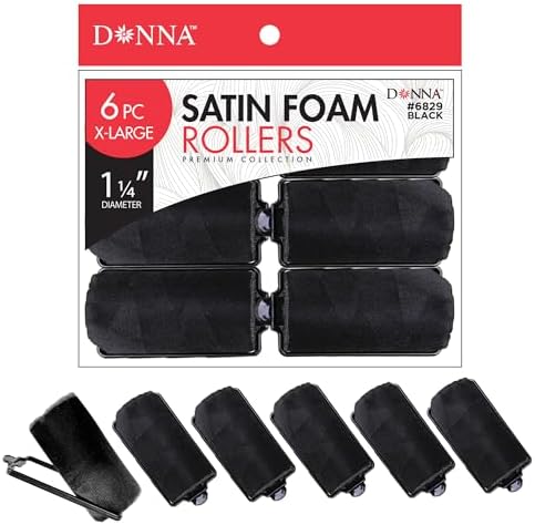 DONNA Silky Satin Foam Rollers 1.25"(D) 6PCS XL Hair Styling Heatless Curlers and Clips for Hairdressing BLACK