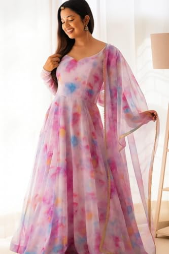 Image of Elegant Pastel Multicolor Printed Anarkali Gown with Sheer Dupatta - Flowy Ethnic Women | Soft Organza Dress Festive Wedding Special Occasions