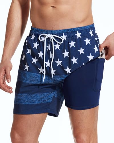 SILKWORLD Mens Swim Trunks with Compression Liner Board Shorts with Zipper Pockets, Denim American Flag, Medium2