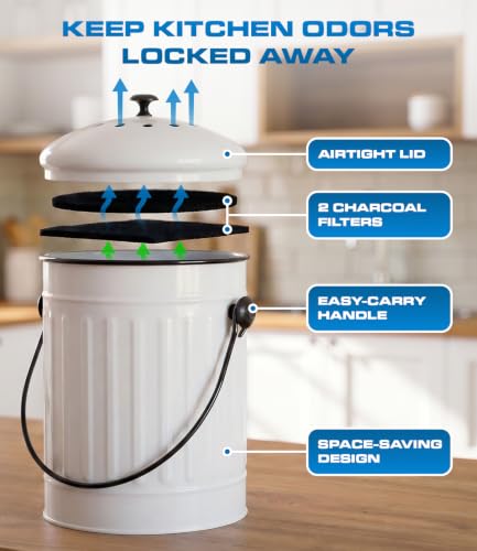 Image of Plexon Countertop Compost Bin with Lid, White 1.5 Gallon Odorless Kitchen Compost Container, Steel Food Compost Bucket for Kitchen with Charcoal Filter, Compost Pail for Kitchen Countertop