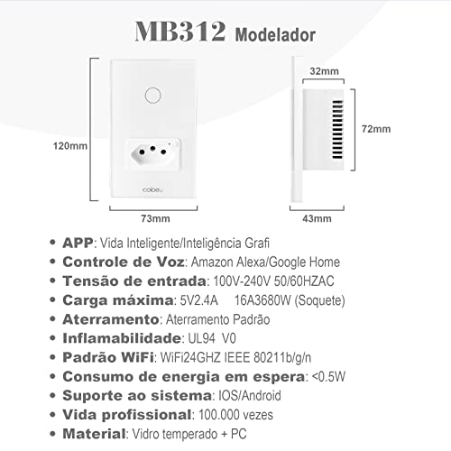 Interruptor Inteligente WiFi com Tomada, Interruptor Smart Sem Fio Doméstico Multifuncional, Control