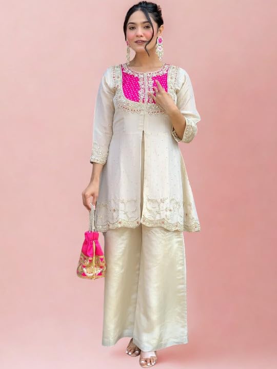 Image of Wedding Outfit For Women Embroidered Shrara Set For Women Designer Silk Kurta With Sharara Pants Festive Ethnic Wear Traditional Outfit For Celebrations Functions Ceremonies And Gatherings