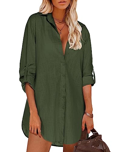 Image of HOTOUCH Women Boyfriend Shirts Button Down Long Sleeve Blouse Cuffed Sleeve Collared Shirt