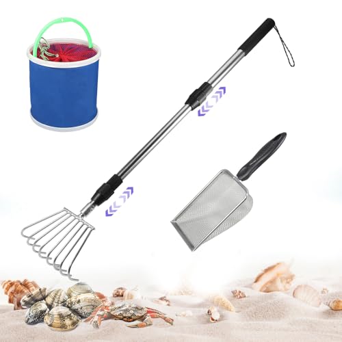 PAMISO Beach Sifter Sand Flea Rake Stainless Steel 8-Tooth Clam Digging Claw Rake and 36 Long Telescoping Pole Sets with Scoops Foldable Water Bucket