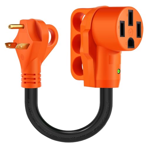 Image of 30 Amp to 50 Amp RV Adapter Cord, Dogbone TT-30P to 14-50R | RV Electrical Power Adapter with LED Indicator, 10 Gauge Cable with Grip Handle, ETL Listed for Camper Travel Trailer 12 Inch