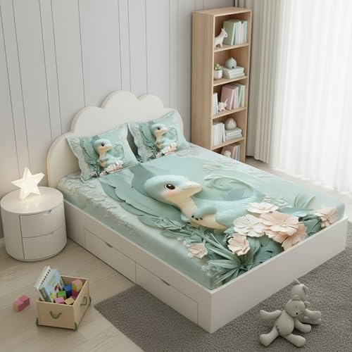 Image of Filymore 7D bedsheet for Kids Cute Baby Dragon Print for Super King Size Double Bed 300TC Microfiber with 2 Pillow Covers | Size (108 X108) Inches | Green Dino Bed Cover for Boys and Girls