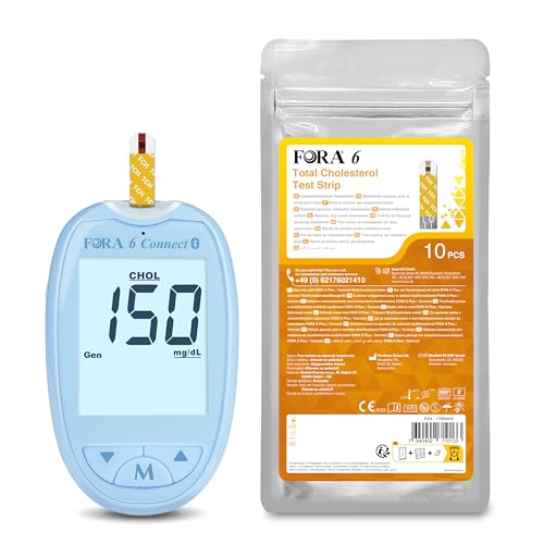 FORA 6-in-1 Cholesterin Messgerät mit Bluetooth Starterset inkl. 10 Gesamtcholesterin-Teststreifen Blau