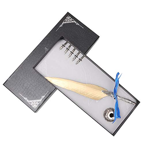 Quill Pen, Classical Vintage Fountain Pen Feather Quill Dip Pen Signature Pen Set Stationery Gift English Calligraphy Feather Dip Quill Pen Writing (Gold 2)