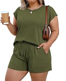 Lastshe Plus Size Two Piece Sets for Women Short Lounge Set Drawstring Cap Sleeve Summer Sweatsuit with...