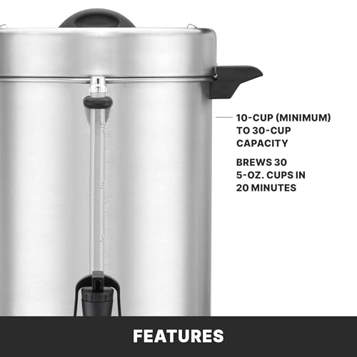 Image of Waring Coffee Urn with 30 Cup Capacity Stainless Steel Electric Percolator | 30 Cup Capacity Stainless Steel Electric Percolator, Dual Heater System for Commercial Kitchens & Catering, NSF Certified