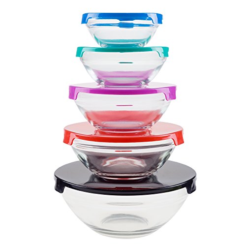 Chef Buddy Glass Food Storage Containers with Snap Lids- 10 Piece Set with Multiple Bowl Sizes for Storage Meal Prep Mixing and Serving