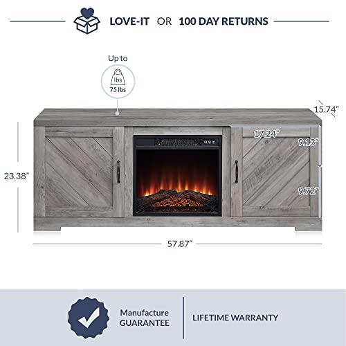 Belleze Modern 58 Inch Farmhouse Tv Stand With 18 Inch Electric Fireplace & Media Entertainment Center Console Table For Tv Up To 65 Inch With Storage Cabinets And Infrared Heater - Hilo (Gray Wash) #TOP4
