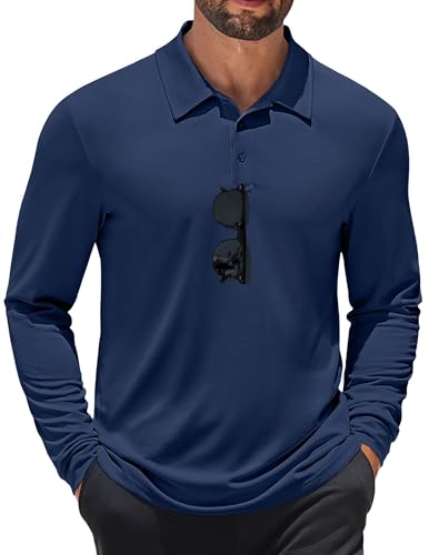 COOFANDY Men's Long Sleeve Polo Shirt Navy Blue