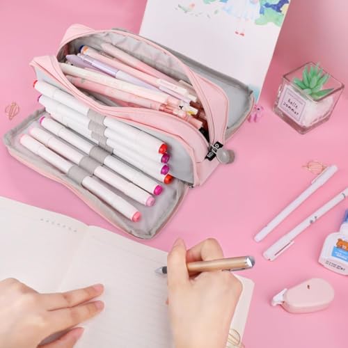 Image of Polyester Pencil Case Large Pencil Cases For Girls Boys Big Capacity Pencil Pouch with 3 Compartments School Stationary Kids College Students Office Aesthetic Pencil Pouch (Pink)