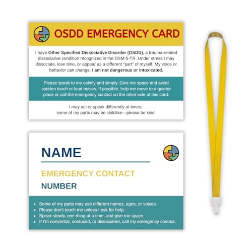 OSDD Medical Alert Card with Wearable Lanyard and Writable ICE Panel, Waterproof Support Card for Other Specified Dissociative Disorder