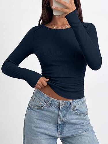 BTFBM Womens Long Sleeve T Shirts Spring Clothes 2026 Ribbed Slim Fit Boat Neck Casual Going Out Tops Workout Outfits(Navy Blue, Large) - image 6