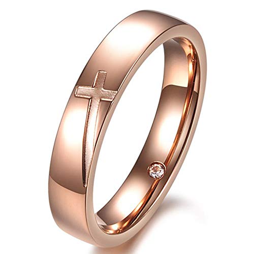 Fashion Month Women 4mm Vintage Stainless Steel Engrave Cross Rose Gold Ring Christian Engagement Wedding Band CZ Inlay