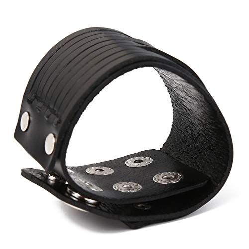 Pinhan - Pulsera ancha de piel sintética, hecha a mano, ajustable, estilo vintage, piel sintética, negro, As description