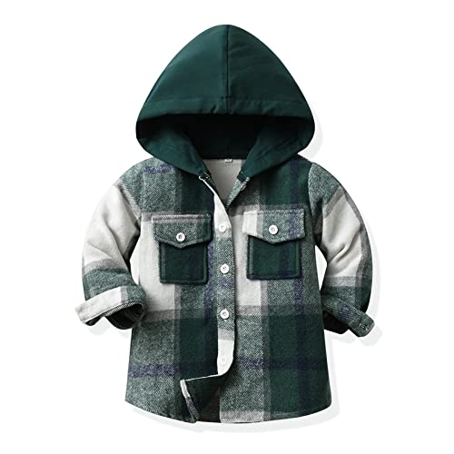 Boys Girls Hooded Plaid Shirts Long Sleeve Button Down Shirts Flannel Tops Tartan Jackets