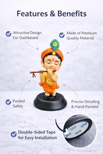 Image of Krishan Ji Car Dashboard Idol with Double Sided Tape | Bal Gopal Statue for Car Dashboard, Home Temple & Office | Cute Krishna Murti Gift Item | Orange | Standing Eye Closed