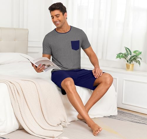 Image of PrinStory Mens Summer Pajamas Set Lightweight Pjs Sets Short Sleeve Pajama Shorts Set Soft Sleepwear Loungewear with Pockets