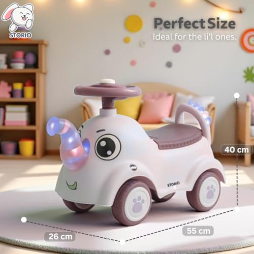 Image of Storio Elephant Baby Ride-On Car Toy with Light and Music - Brown | Push Car for Kids with Backrest & Steering, 1-3 Years