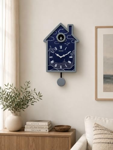 Image of CHRONIKLE Modern Stylish Non Ticking Silent Analog Hut Shape Wooden Cuckoo Wall Clock for Home, Living Room, Bedroom, Office, and Kitchen (Blue) (18 x 10 Inch : Weight - 2350 Grm)